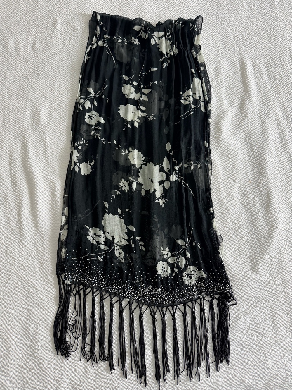 Vintage style beaded floral chiffon scarf -Long fringe wrap .